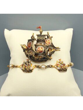 Vintage Damascene Ship Brooch Bracelet Set Spanish Sail Boat Pin Spain